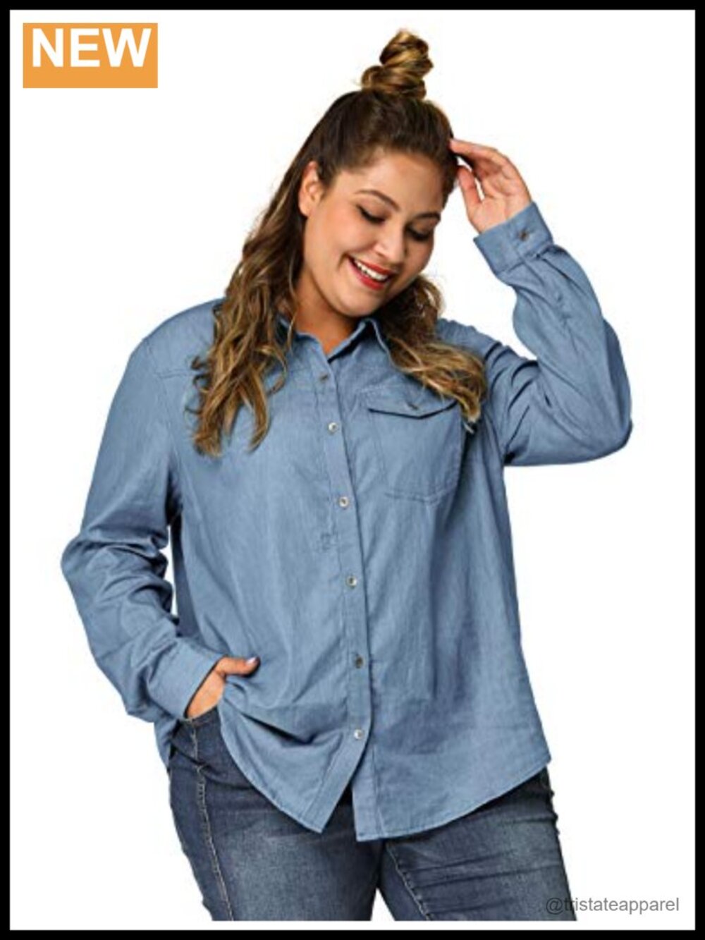 Plus Size Chambray Button Down Long Sleeve Shirt for Women